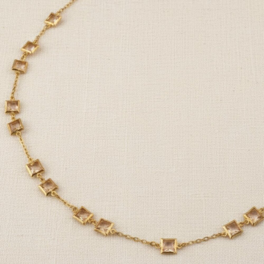J. Crew Gold Tone & Peach/Champagne Square Crystal Station Necklace 33"